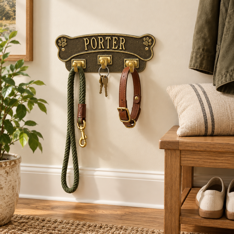 Dog Bone Plaque with Leash Hooks
