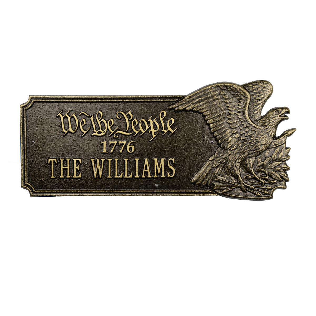 We The People 1776 Eagle Plaque, Standard Wall 1-line in Antique Brass