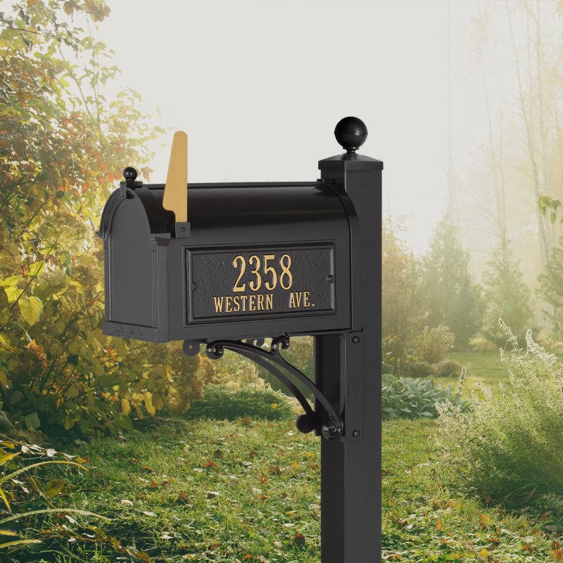 Whitehall Deluxe Capitol mailbox in black with two-line side plaque showing sample house number 2358 and street name WESTERN AVE.