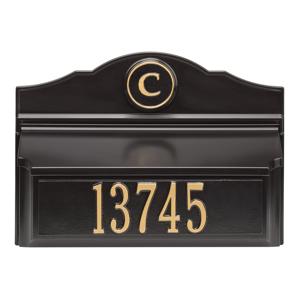 Colonial Wall Mailbox with Plaque & Monogram: Black/Gold original Whitehall photograph