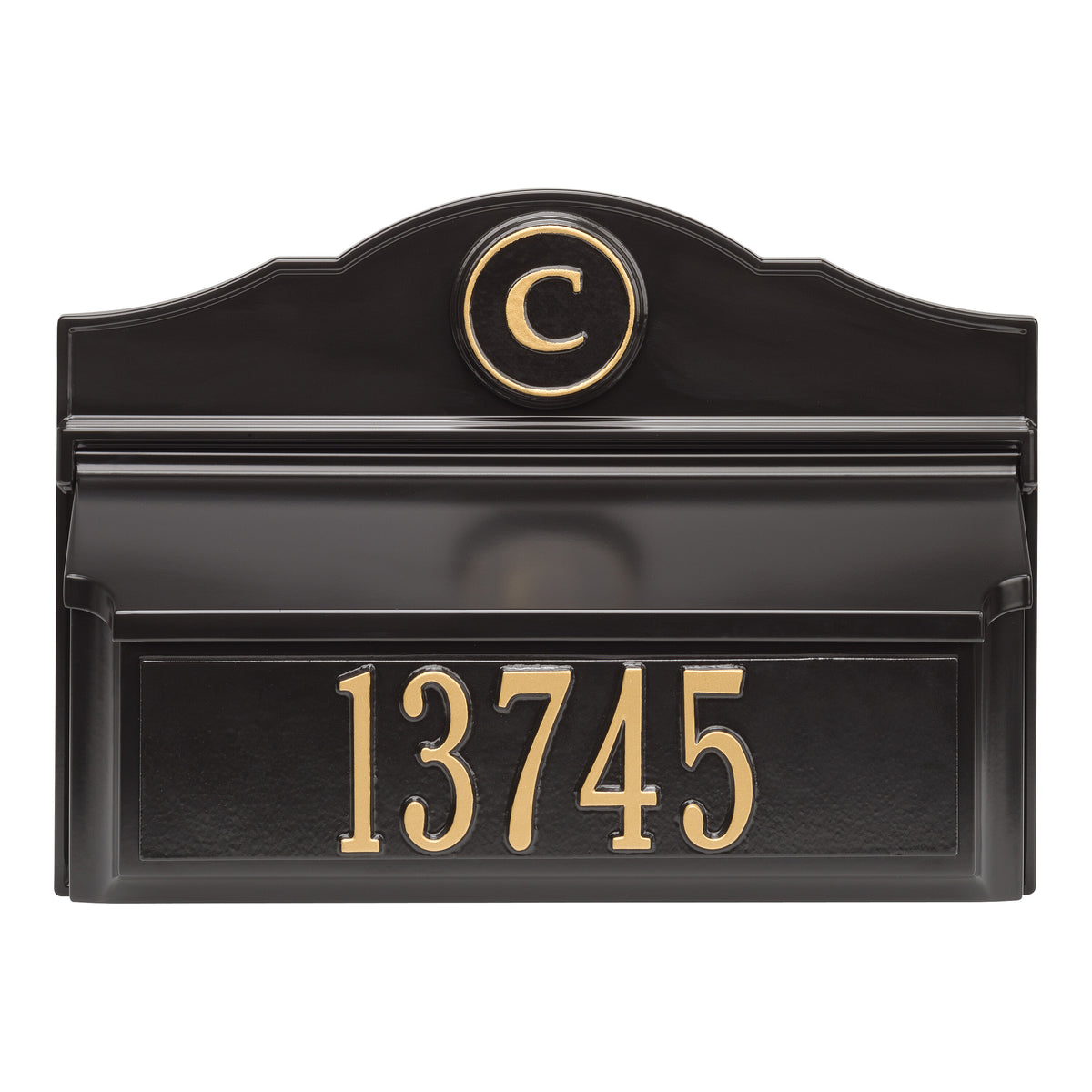 Colonial Wall Mailbox with Plaque & Monogram: Black/Gold original Whitehall photograph