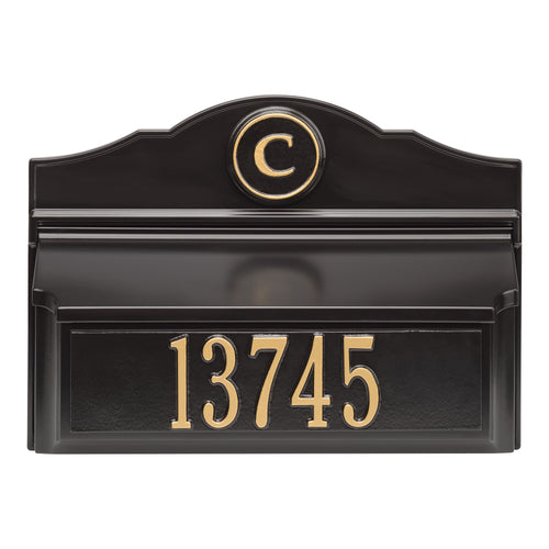 Colonial Wall Mailbox with Plaque & Monogram: Black/Gold original Whitehall photograph