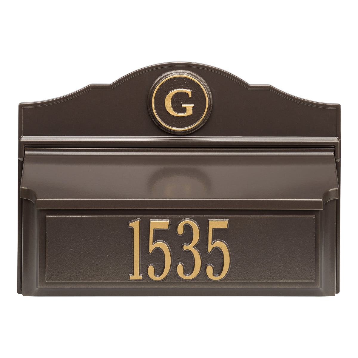 Colonial Wall Mailbox with Plaque & Monogram: Bronze/Gold original Whitehall photograph
