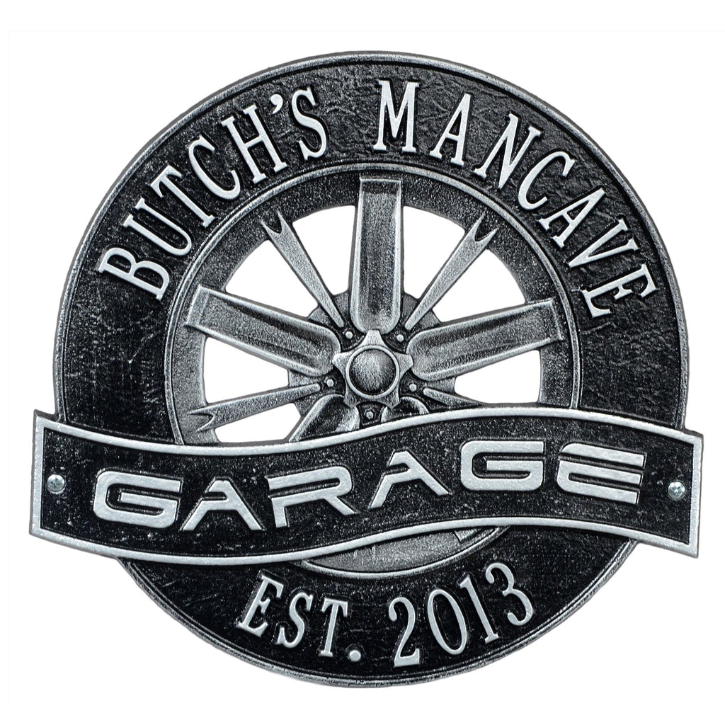 Racing Wheel Garage Plaque: Black/Silver original Whitehall photograph