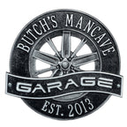 Racing Wheel Garage Plaque: Black/Silver original Whitehall photograph