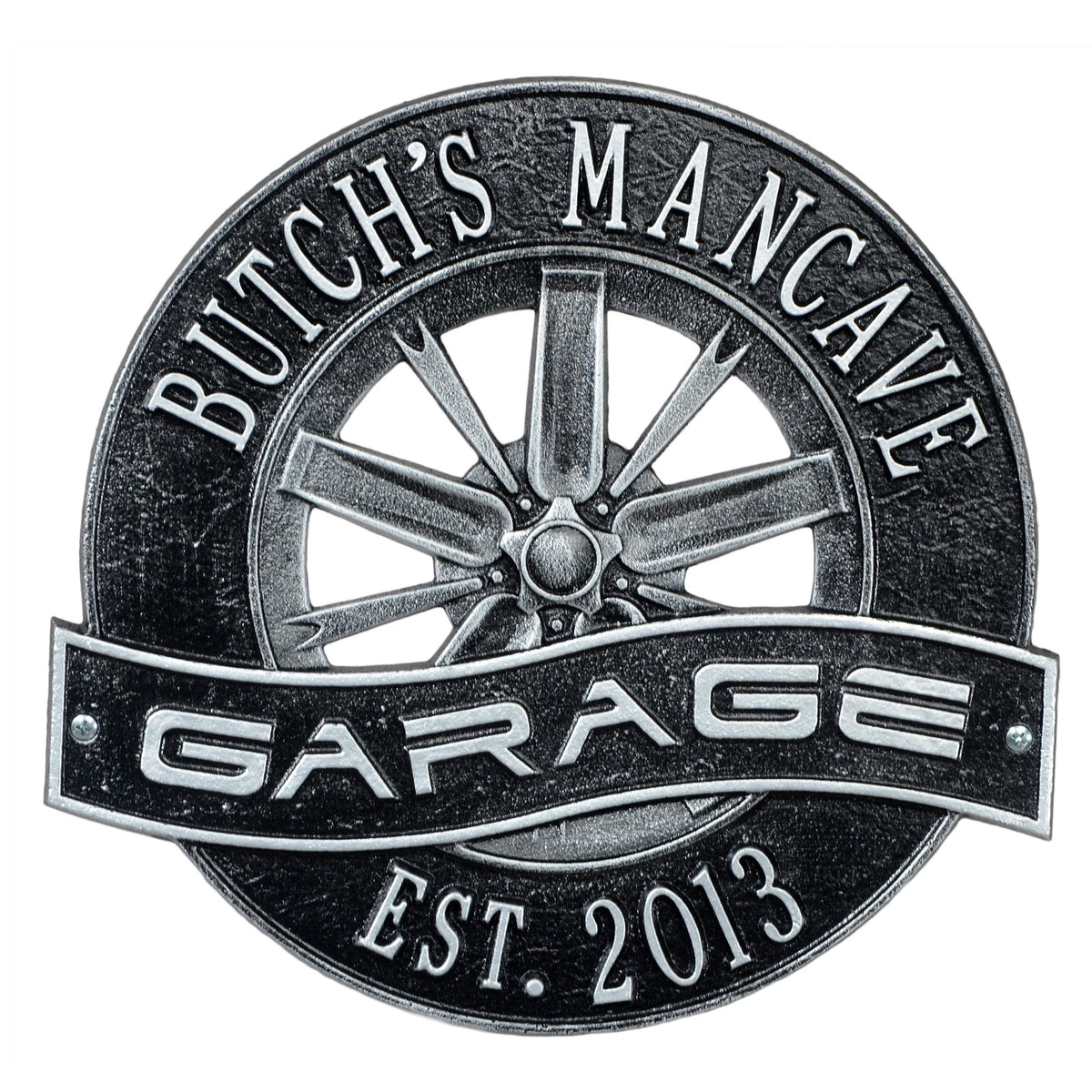 Racing Wheel Garage Plaque: Black/Silver original Whitehall photograph