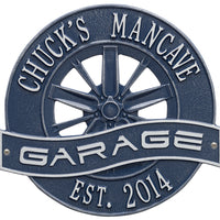 Racing Wheel Garage Plaque: Dark Blue/Silver original Whitehall photograph