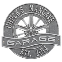 Racing Wheel Garage Plaque: Pewter/Silver original Whitehall photograph