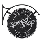 Hanging Speed Shop Plaque & Bracket: Black/Silver original Whitehall photograph