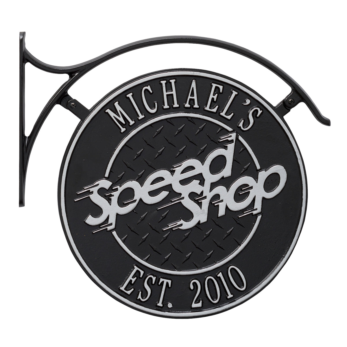 Hanging Speed Shop Plaque & Bracket: Black/Silver original Whitehall photograph