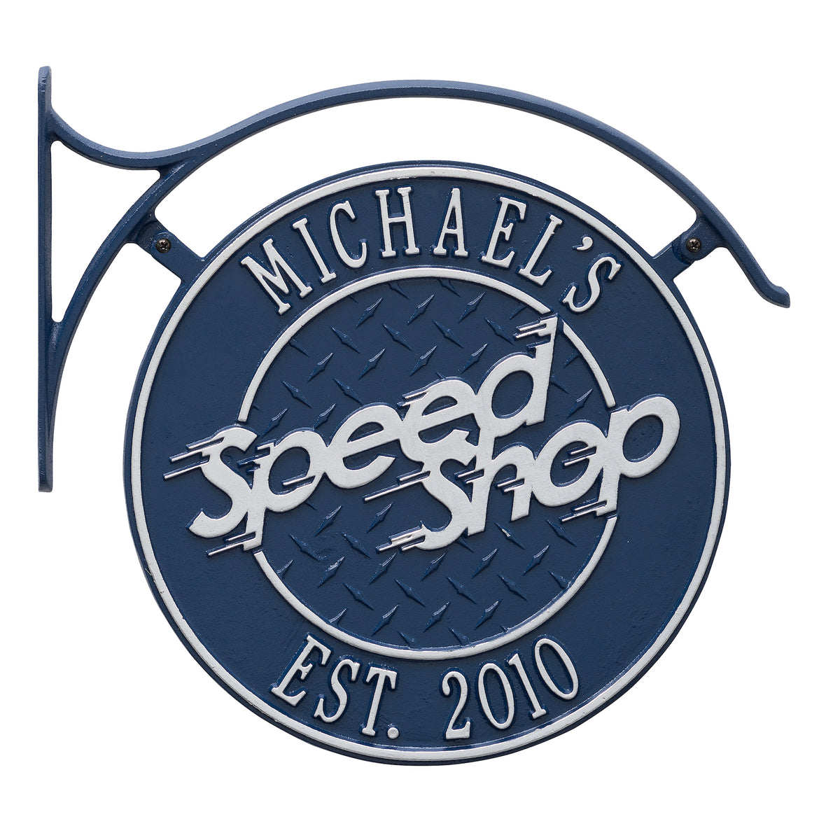 Hanging Speed Shop Plaque & Bracket: Dark Blue/Silver original Whitehall photograph