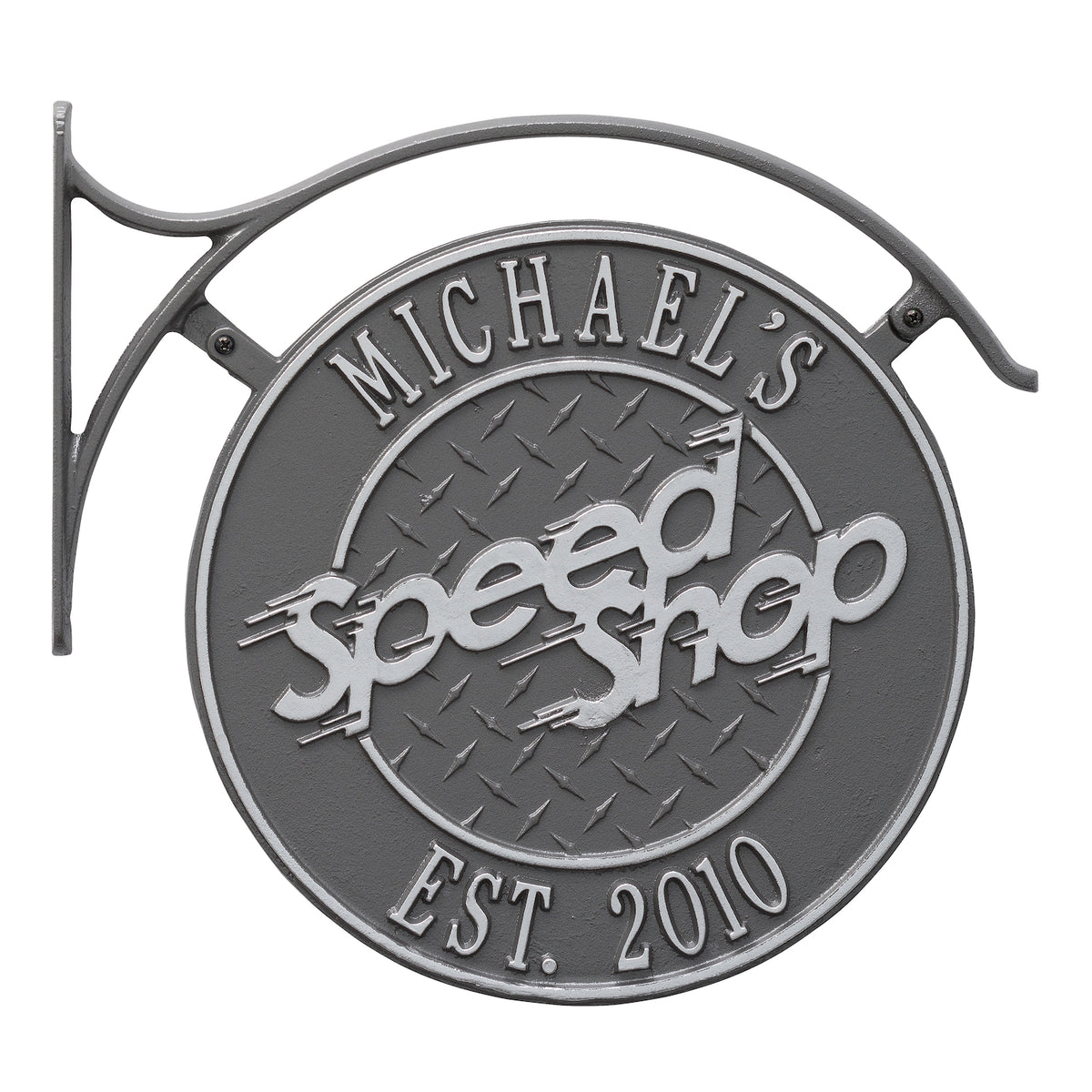 Hanging Speed Shop Plaque & Bracket: Pewter/Silver original Whitehall photograph