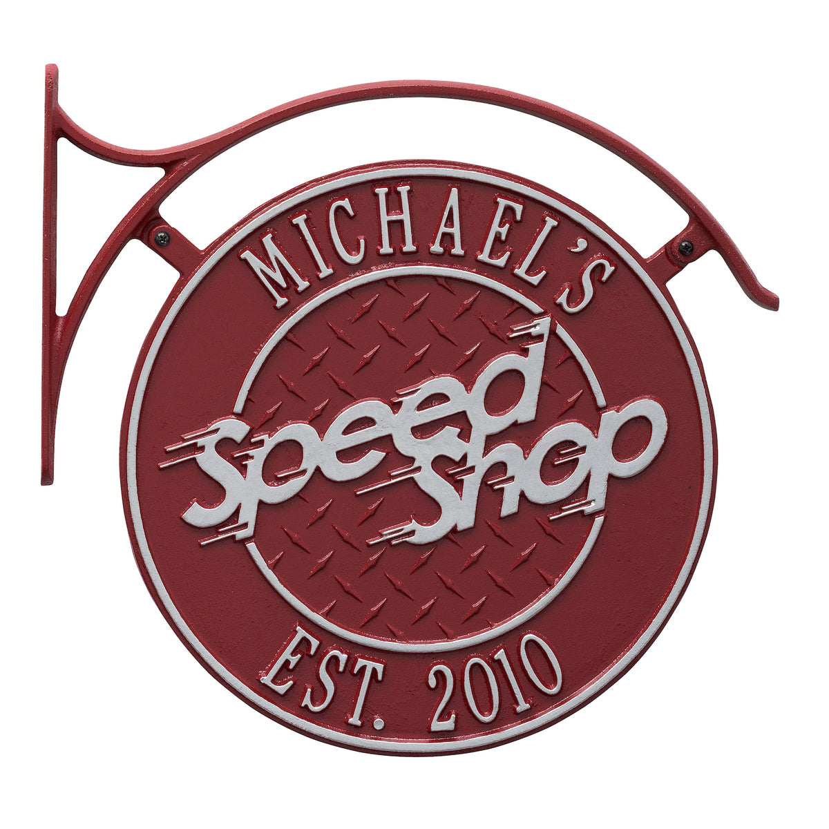 Hanging Speed Shop Plaque & Bracket: Red/Silver original Whitehall photograph