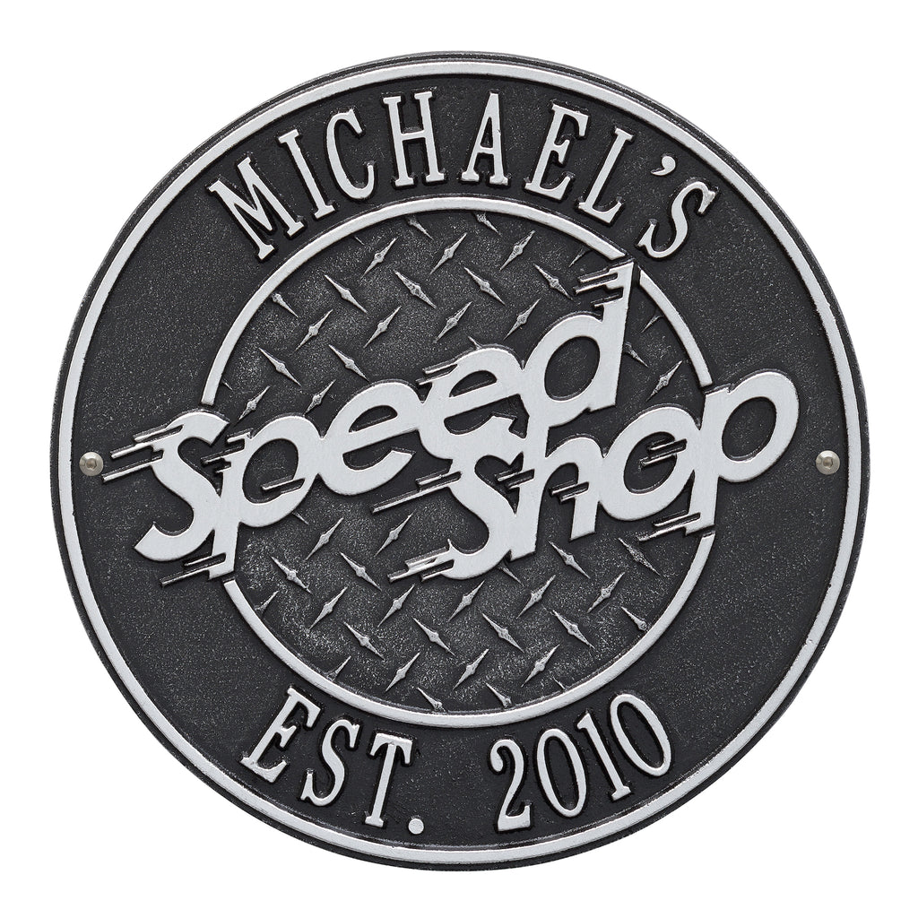 Personalized Speed Shop Plaque: Black/Silver original Whitehall photograph