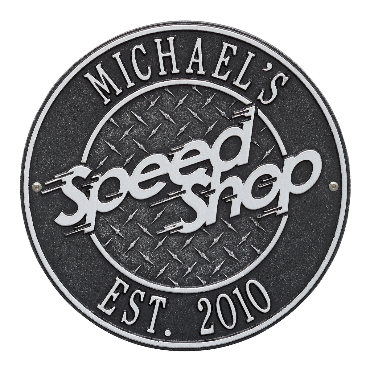Personalized Speed Shop Plaque: Black/Silver original Whitehall photograph