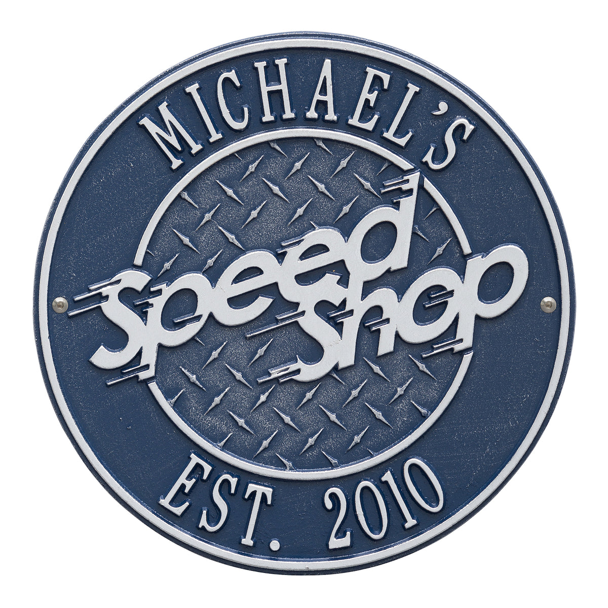 Personalized Speed Shop Plaque: Dark Blue/Silver original Whitehall photograph