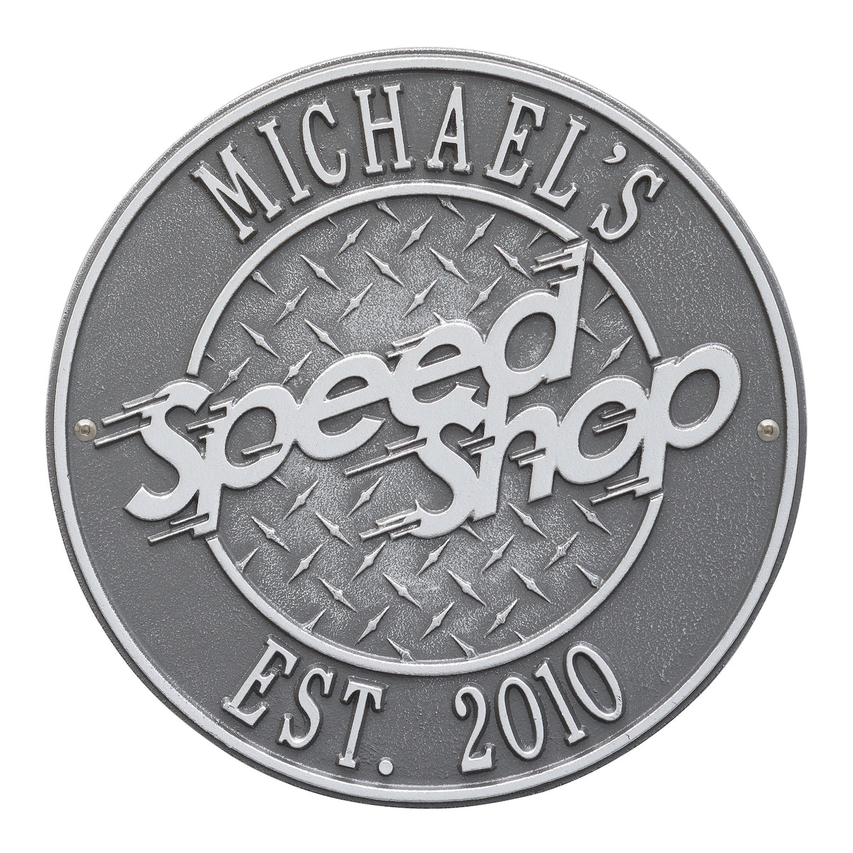 Personalized Speed Shop Plaque: Pewter/Silver original Whitehall photograph