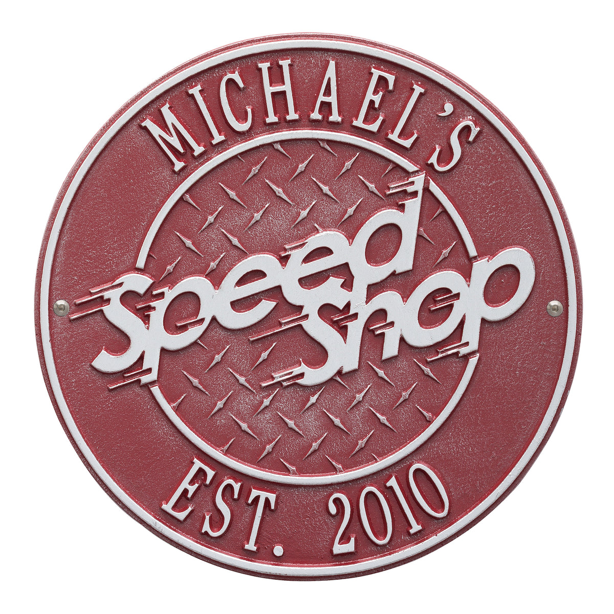 Personalized Speed Shop Plaque: Red/Silver original Whitehall photograph