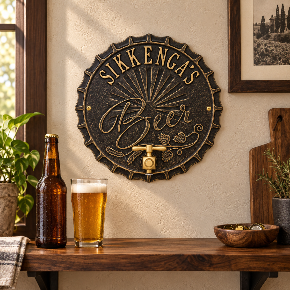 Bottle Cap Brew Pub Plaque: illustrative lifestyle scene