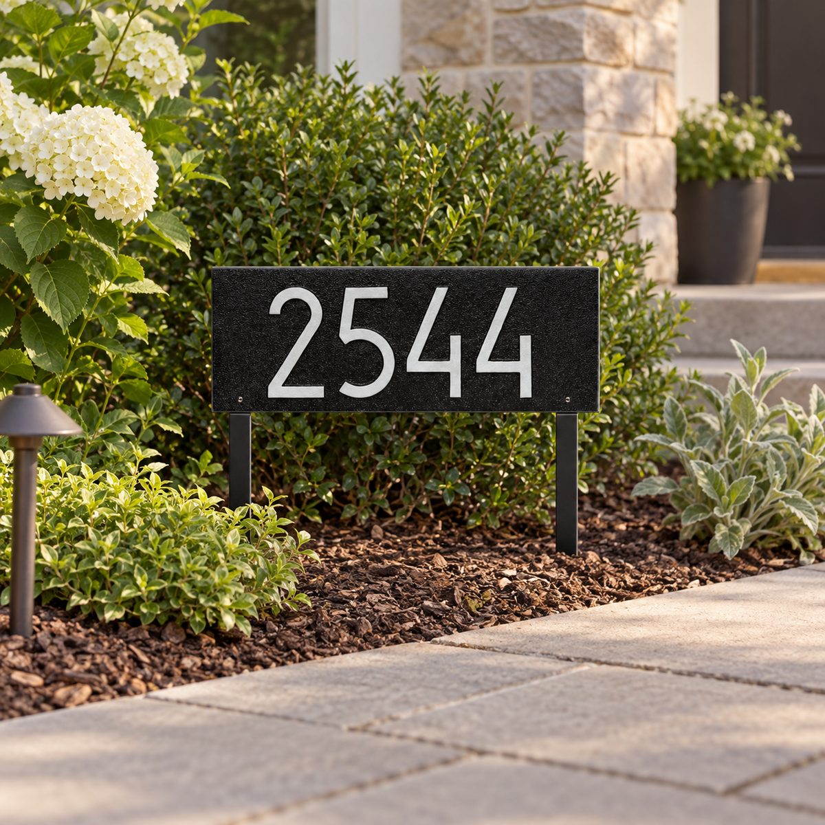 Mid-Century Rectangle Lawn Plaque: illustrative lifestyle scene