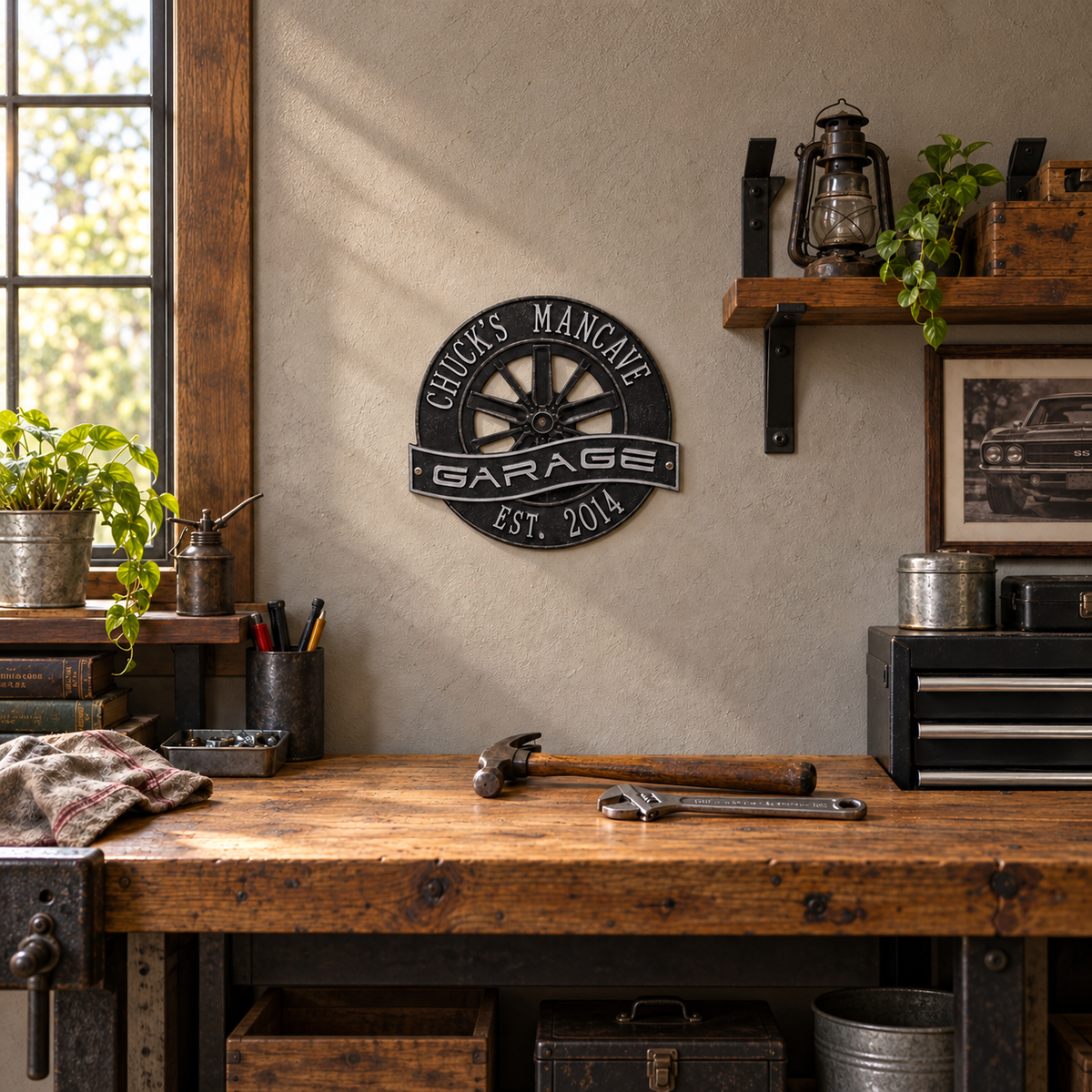 Racing Wheel Garage Plaque: illustrative lifestyle scene