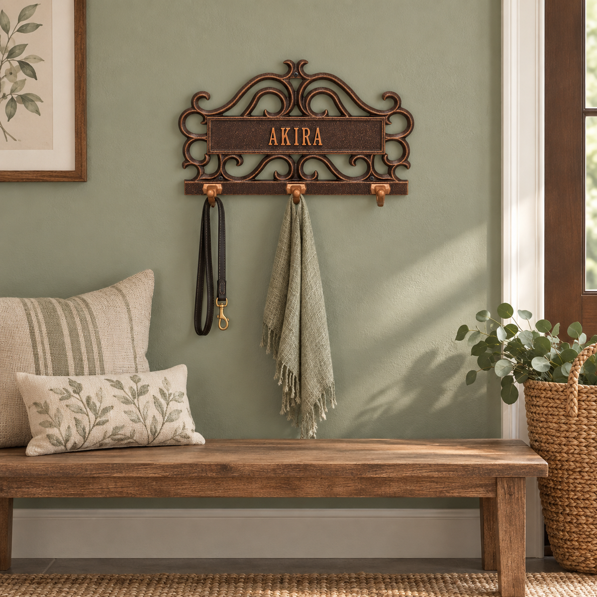 Scroll Personalized Leash Hook Plaque: illustrative lifestyle scene